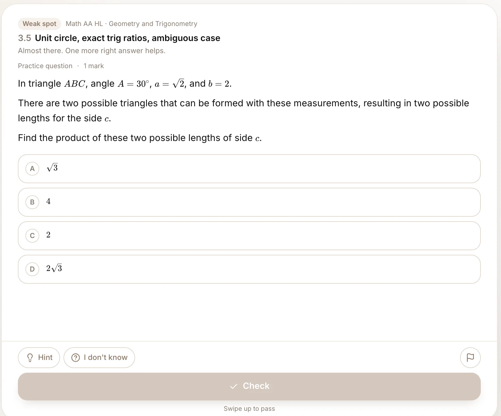 A question in the ThetasAI Feed, tagged as a weak spot on the unit circle, with Hint and I don't know buttons
