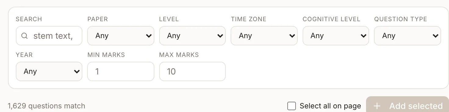 The test builder with its question bank filters