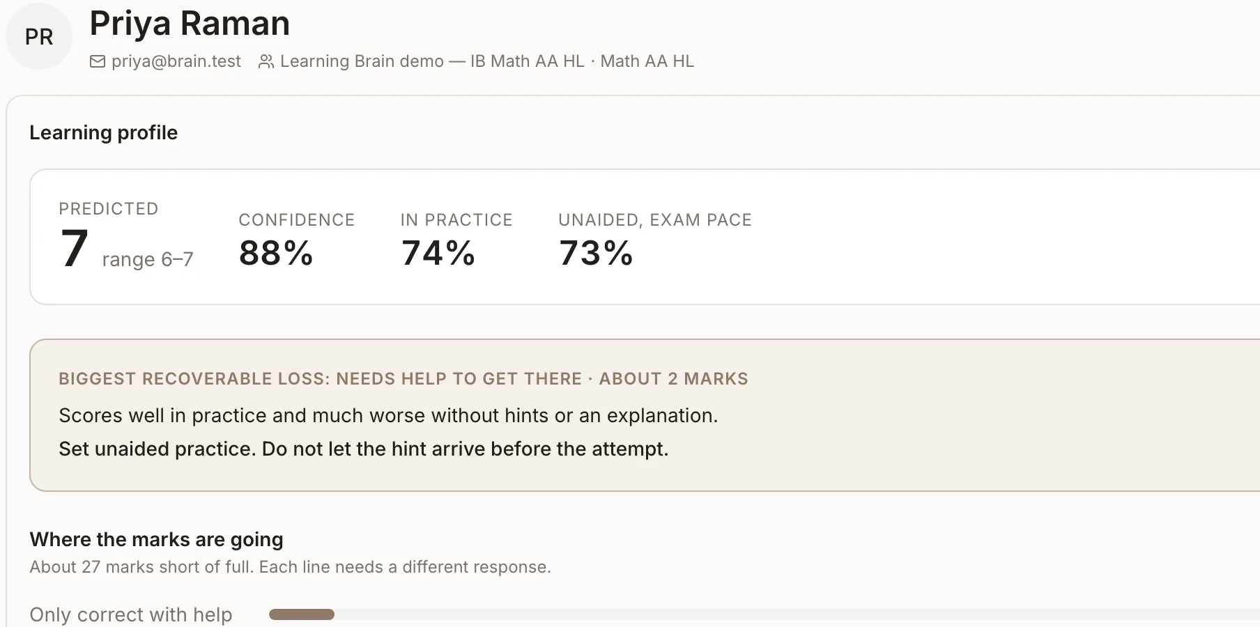 A student's learning profile in the teacher portal: predicted grade, practice against unaided work and where the marks are going