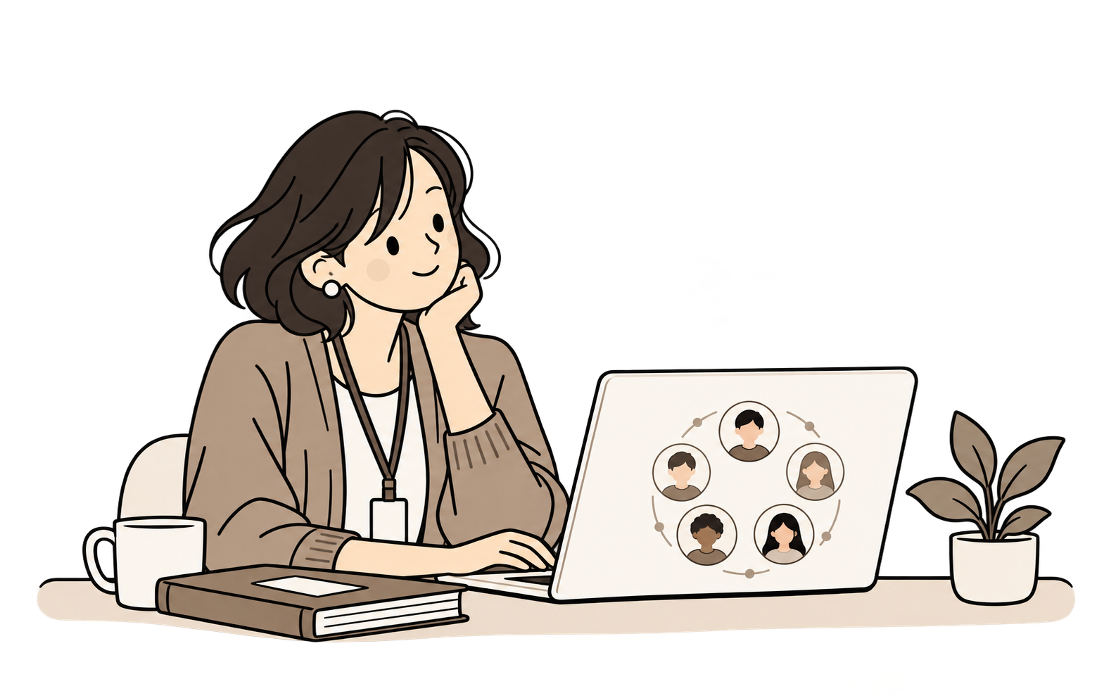 A teacher with a class register and a laptop showing individual student profiles