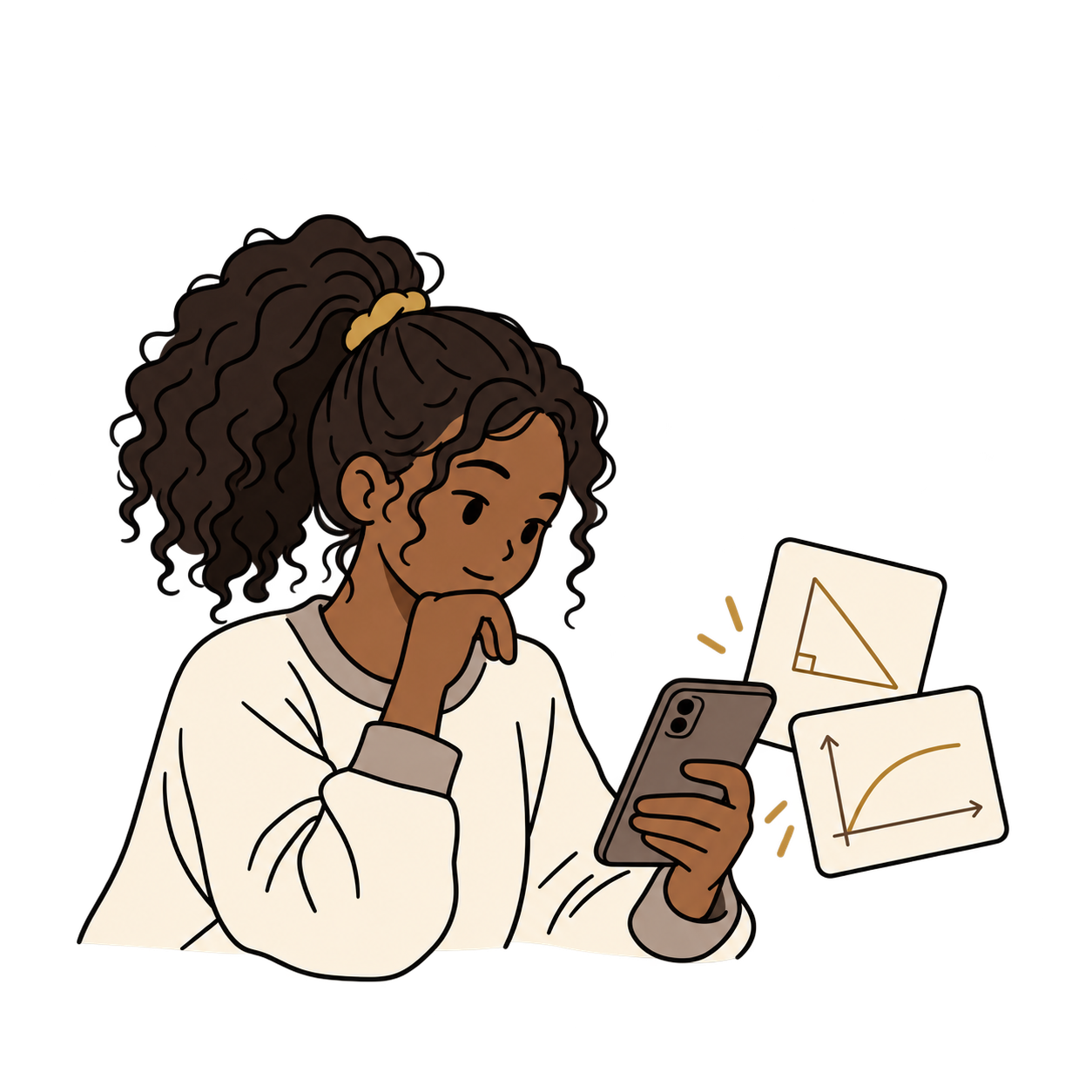 A student with a high curly ponytail practising on her phone with two revision cards and Theta beside her