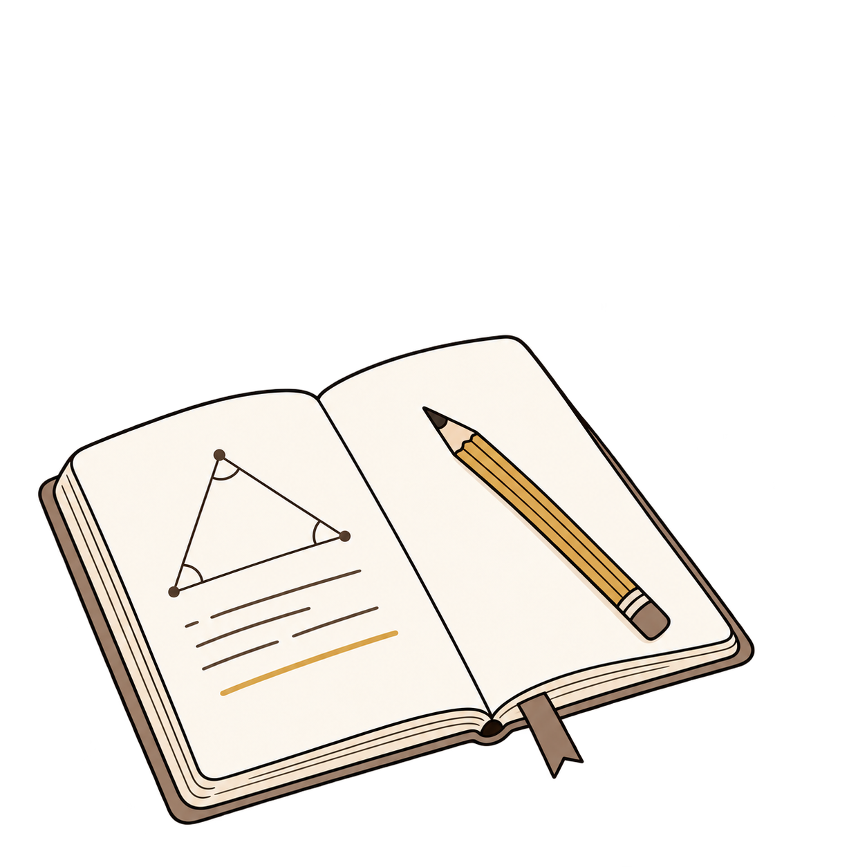An open exercise notebook, a geometry diagram and a pencil marking the next step