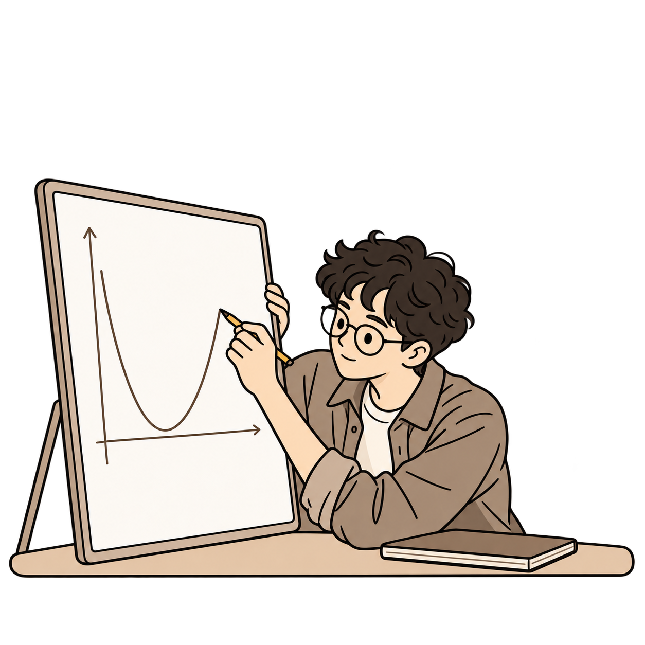 A student with curly hair and glasses working through a parabola at a whiteboard, with Theta beside him